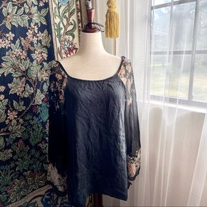 Draped Open Back Japanese Floral Print Flowy Bell Sleeved Blouse